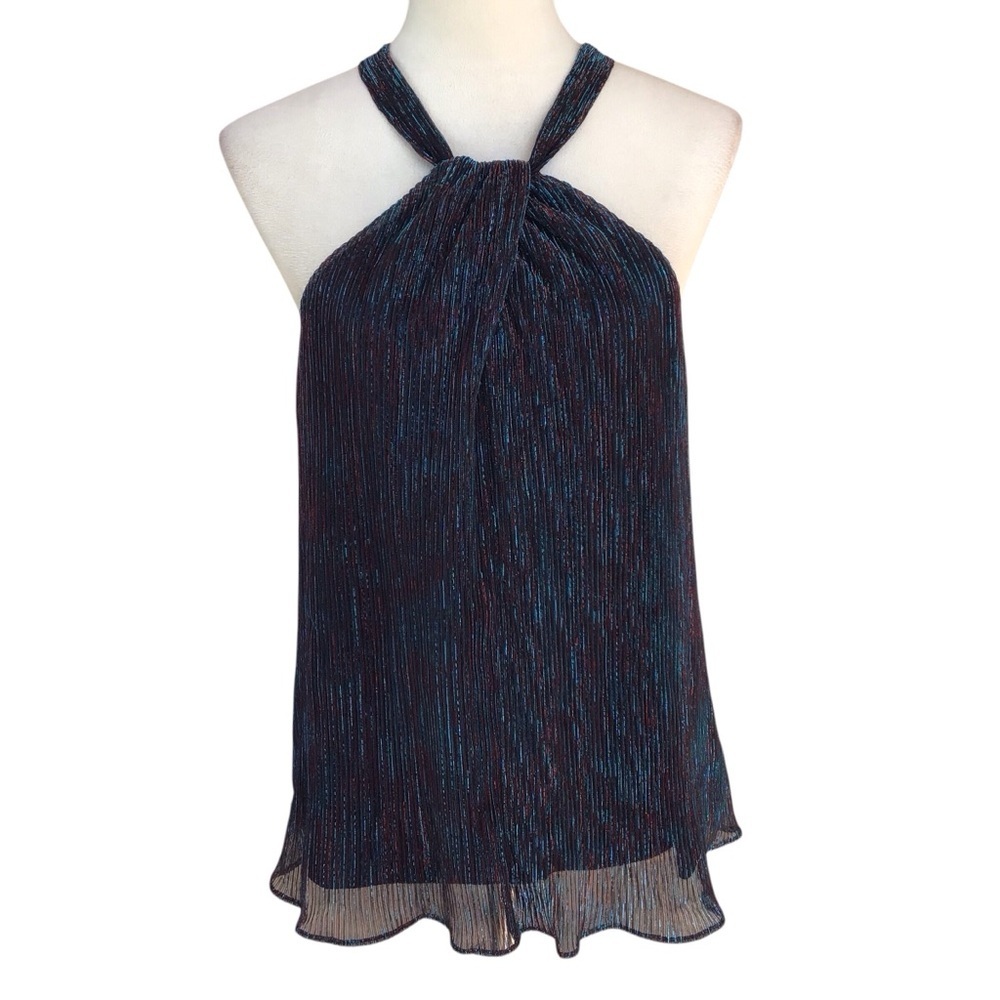 Skies Are Blue Metallic Pleated Twisted Neck Top NEW